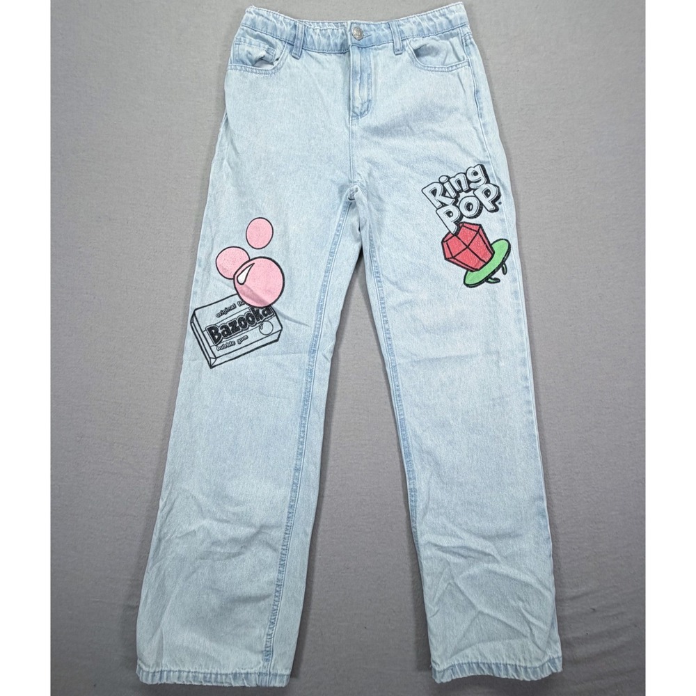 Justice Jeans Kids Size 16 Good Light Blue Bazooka Ring Pop Graphic Straight Leg